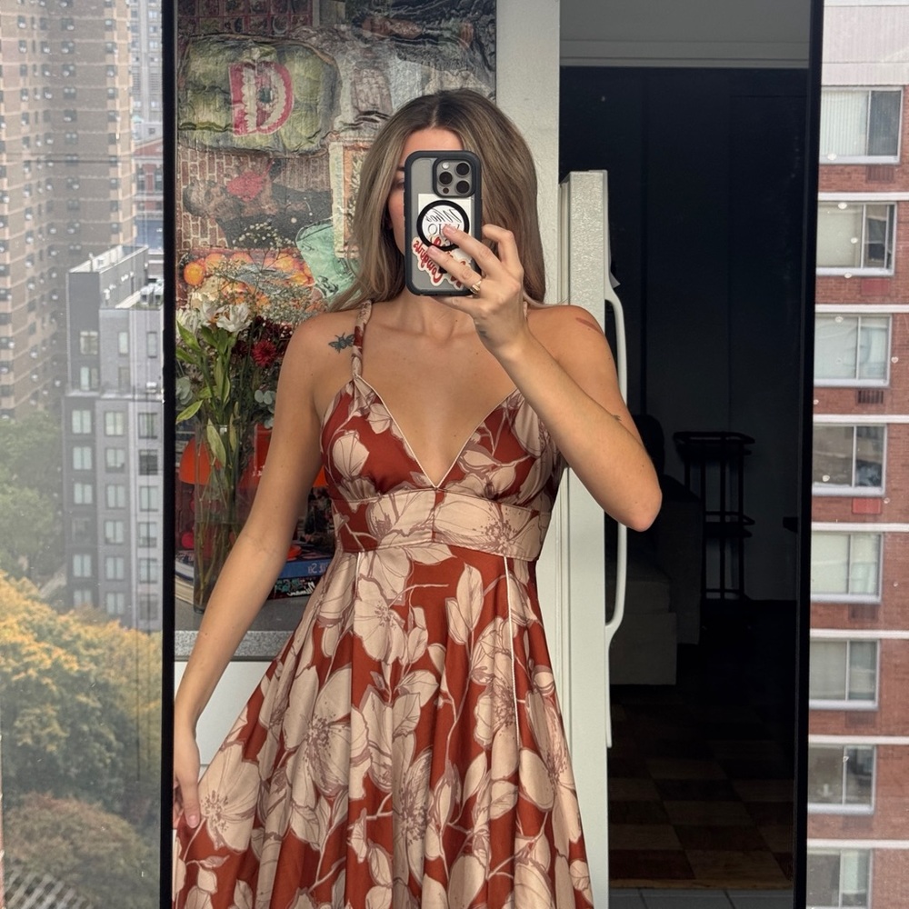 Floral Midi Dress in Orange and Cream - Picture 2 of 6
